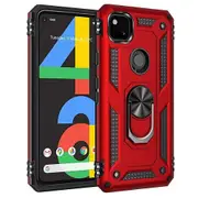 For Google Pixel 4a Case, Military Grade 360 Degree Rotating Metal Magnetic Ring Car Mount Holder Kickstand Shockproof Heavy Duty Cover (Red)