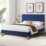 LEVEDE Queen Bed Frame Platform, Wooden Bed Base with Tufted Headboard, Velvet Upholstered Mattress Support, Modern Classic Bedroom Furniture, Easy to Assemble (Blue)