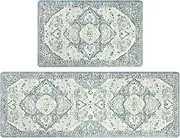 Ileading Kitchen Anti Fatigue Mat Set of 2 Non Skid Waterproof Kitchen Floor Mats Vintage Cushioned Comfort Standing Mat Boho Kitchen Rug Runner for Sink Laundry, 17"x47"+17"x28", Lake Blue