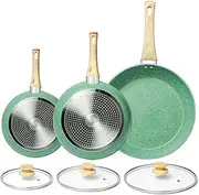 Nonstick Frying Pan Set with Lid, 8" 9.5" and 11" Non Stick Frying Pan Set, Green Pan Frying Pan Skillet Set Omelette Pan Healthy Cookware, PFOA Free, Anti-Warp Base with All Stove Tops Available