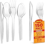Shefa 150 Reusable Cutlery Set - 50 Spoons, 50 Forks, 50 Knives - Clear, Washable, Heavy Duty, 6" Long Tablespoons - Ideal for Birthday, Parties, Camping, Catering