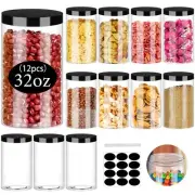12 Pack 32oz Plastic Clear Jars Cylinder Containers for Food Spices Cosmetics