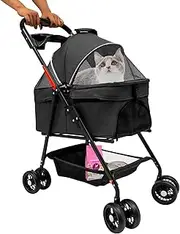Pet Stroller, 4 Wheels Dog Cat Carrying Cart, Foldable Puppy Carrier with Storage Bag and Detachable Grid Structure for Small/Medium Dogs Cats Up to 44Lbs (Black)