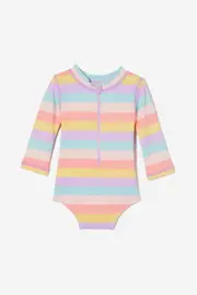 [Cotton On Kids] Cotton On Kids - Lucy Long Sleeve Ruffle Back Swimsuit - Multi/rainbow stripe 0-3M MULTI/RAINBOW STRIPE