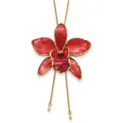 Fashion 24K Gold-Trim Lacquer Dipped Red Real Cattleya Orchid Slip-On Adjustable Gold-Tone Necklace