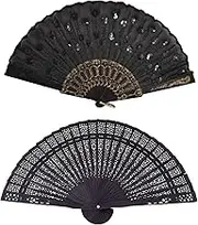 VENEKA Black Plastic Frame Embroidery Floral Detail Folding Hand Fan with 8 Inch Chinese Japanese Folding Fan Black