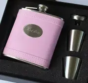 Personalized Pink Leather Flask Set - Bridesmaid gift, Bachelorette Party Gift