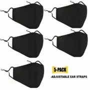 5/Pack BLACK Cotton Face Mask Reusable Washable ADULT Adjustable EARLOOP