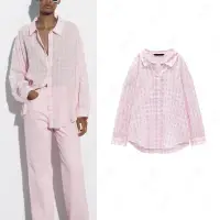 在飛比找蝦皮商城精選優惠-ZA 夏季新款翻領寬鬆防晒開襟上衣粉紅色VICHY格寬鬆襯衫