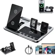 4 in 1 Alarm Clock Wireless Charger Stand, 4 in 1 Foldable Wireless Fast Charging Station, One-Key Lifting Wireless Charging Stand with Alarm Clock, for iPhone/Android (Silver)