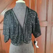 Aidan Mattox Black Beaded Cropped Jacket With Sequins & Floral Design Large...