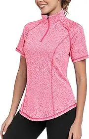 [DUVOWE] Sports Shirt Women's Short Sleeve Functional T-Shirt Women's Sports Tops Gym Workout Tops Running Shirt Fitness Short Sleeve with 1/4 Zip, Cherry red, 3XL