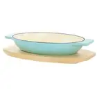 2-Piece Enameled Cast Iron Oval Casserole Birch Wood Trivet Set in Aqua