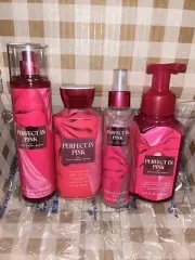 4 PCS SET BATH & BODY WORKS PERFECT IN PINK MIST, LOTION,SHIMMER MIST, HAND SOAP