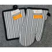 MU Kitchen Oven Mitt Potholder Black Stripe 100% Cotton Terry Lined 2pc Set Gift
