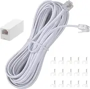 Ubramac 15 Feet Long Telephone Extension Cord Phone Cable Line Wire, with Standard RJ11 Plug and 1 in-Line Couplers and 15 Cable Clip Holders-White