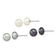 Sterling Silver Rh-Pl 8-9mm Set Of 3 Wt/Bk/Grey Button Fwc Pearl Earrings