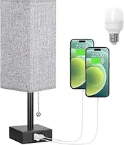 Clora Bedside Table Lamp with USB A+C Charging Ports, 3 Color Temperatures, Pull Chain Nightstand Lamp with Square Linen Lampshade for Bedroom, Living Room, Office, LED Bulb Included (Gray)