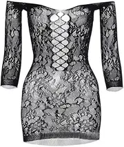 [HSAJS] Women's Fishnet Lingerie Sexy Bodysuits Sleepwear Net Hollow Out Teddy Sleepwear Mini Lace Babydoll Dress Flexible Long Sleeve Dress Sleepwear One Size, Black, One Size
