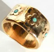 Designer Yellow Gold 24K Plated Slide Ring With Flowers & Turquoise Sz 6.5