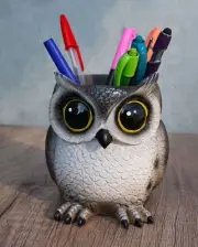 Whimsical Great Horned Owl Owlet Baby Stationery Pen Make Up Brush Holder Statue