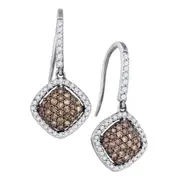 14k White Gold Brown Diamond Square Cluster Dangle Earrings 5/8 Cttw
