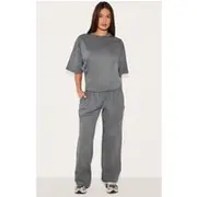 Charcoal Cotton Straight Leg Mid Rise Drawstring Pants, Charcoal