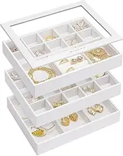 Vlando Stackable Jewellery Trays Glass Lid, Jewellery Box Women's with 3 Levels, Jewellery Organiser Drawers Made of Soft Velvet, Leather Storage Box Jewellery Box for Ring Earring Necklace