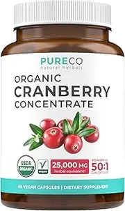 Organic Cranberry Pills - 50:1 Concentrate Equals 25,000mg of Fresh Cranberries (Vegan) for Kidney Cleanse & Urinary Tract Health - UTI Vitamins Support - Fruit Extract Supplement - 60 Capsules