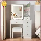 White Dressing Table Vanity Makeup Desk & Stool Set & Sliding LED Mirror Bedroom