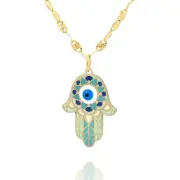 14K Solid Gold Pendant Necklace Chain Hand-Painted Evil Eye Inside Hamsa Hand