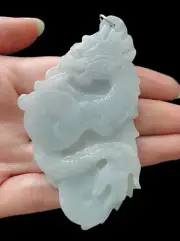 NATURAL TRANSLUCENT WHITE JADE DRAGON & PHOENIX CARVING PENDANT / COLLECTIBLE