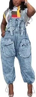 [HTD] Women's Bib Denim Overalls Loose Wide Leg Jean Jumpsuit With Cargo Pockets