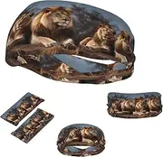 FJWSLCH Two lions Headbands for Women Men Non Slip Workout Sweatbands Adjustable Sports Hair Bands Elastic Head Bands Moisture Wicking Hairband for Running, Cycling, Yoga, Spa