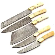 HANDMADE DAMASCUS STEEL CLEAVER KITCHEN CHEF SET 5 PIECES HANDLE CAMEL BONE