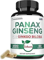 Panax Ginseng Supplement with Ginkgo Biloba Leaf - 60 Vegan Capsules - Super Concentrated Formula - Gluten-free, Non-GMO