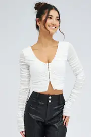 White Mesh Top Long Sleeve Ruched Hook And Eye - Size M, Women's Top