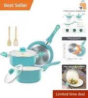 Stylish Turquoise Cookware Set - 7-Piece Induction Compatible & Easy Cleanup