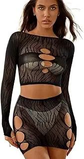 [XFSRG] Lingerie Sets Sexy Lingerie Mesh Two Piece Sets Long Sleeve Tops and Bodycon Skirts Three-Point Sexy Embroidery Women's Underwear Sexy Mesh Women One Size Lingerie