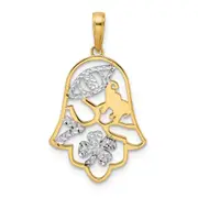 14k Yellow & Rhodium Gold & White Rhodium D/C Good Luck Symbols on Hamsa Pendant
