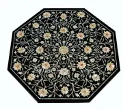 Octagon Black Marble Coffee Table Top Floral Pattern Inlay Work Center Table