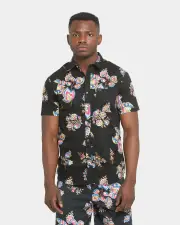 [BRIXTON] Brixton Charter Print Short Sleeve Woven Shirt Black/purple - Size M M B/Purple