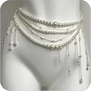 [HADICO] Pearl Tassel Wasit Chain for Women Multilayer Belly Chains Belt Pearls Body Chain Long Tassel Pendant Layered Pearls Belt for Dresses Wedding Bridal Rave Body Jewelry Accessories