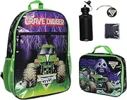 [INTIMO] Monster Jam Grave Digger Truck 5 PC Backpack Lunchbox Icepack Water Bottle Keychain, Multicolored, One Size