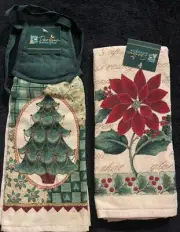 NOS 2 Christmas Kitchen Towels Shiny Gold Accents, Quilted Top With Ties B&D