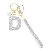 Bling Initial Letter Keychain Key Wristlet for Bag Car Accessories, Silver-D