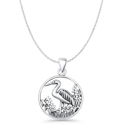 Stork Filigree Pendant 1.4mm Cable Chain Necklace Oxidized 925 Sterling Silver