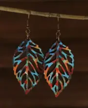 Colorful Laser-Cut Wooden Leaf Dangle Earrings