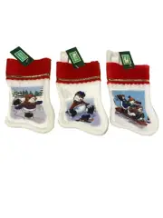 3 small mini christmas stockings with snowmen design by holiday time