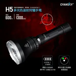 【錸特光電】CYANSKY H5 1300流明 600米 專利內建濾鏡 紅光綠光白光 狩獵 遠射手電筒 Cree LED
